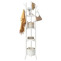 YMYNY Coat Rack, Freestanding Coat Stand with Storage Shelves, 169cm Hall Trees with 3 Wooden Shelves and 1 Fabric Basket, Metal Clothes Stand for Hats Bags Hallway Bedroom White HGR005W