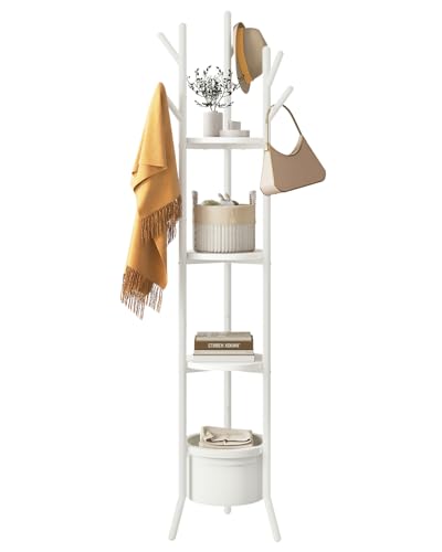 YMYNY Perchero de Entrada, Perchero de Pie para Recibidor con 1 Cesta de Tela, Estantería de Almacenamiento para Salón Dormitorio Pasillo Estilo Industrial, para Bufanda Bolsos Blanco HGR005W