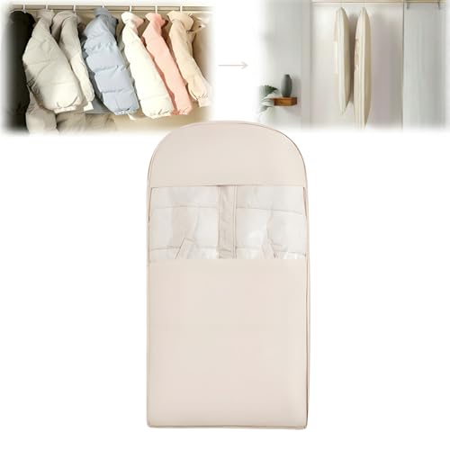 Space Saving Hanging Garment Bag with Self Compression Zipper, 2025 New Space Saver Clothes Storage Organizer, Dust Cover Clothes Bags for Down Coat Suit Dress or Jacket (Beige, L)