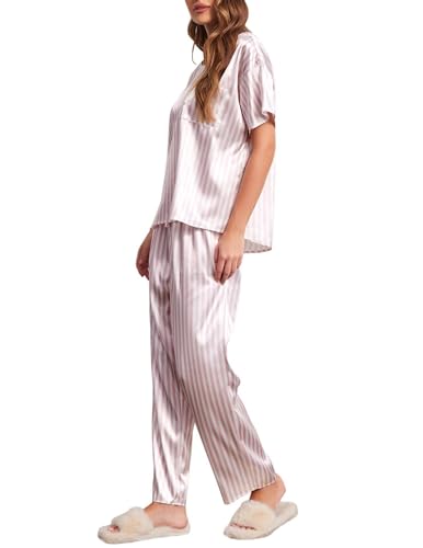 Image of Ekouaer Womens Satin Silky Pajama Set Short Sleeve Shirt with Long Pajama Pant Set Soft PJ Loungewear