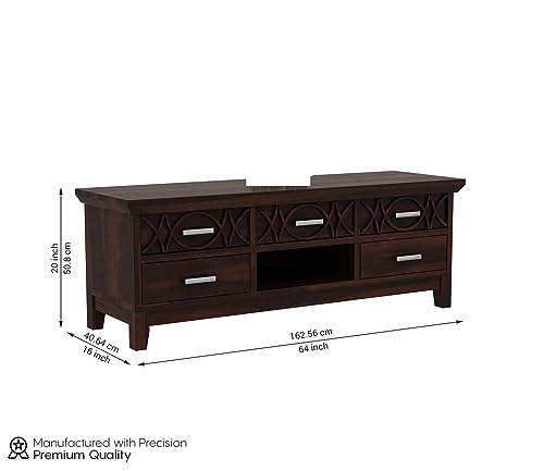 Image of Rustic Solid Sheesham Wood TV Unit Chest of Drawers for Living Room - 5 Drawers and 1 Shelf Storage - Accommodates up to 65-Inch TV (Jace, Walnut Finish)