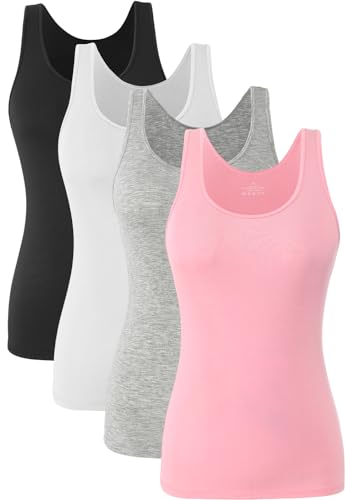 Knuffnee Damen Stretch Unterhemd Basic Tank Tops Workout Unterhemden Tops 4er Pack Schwarz/Weiß/Grau/Rosa M