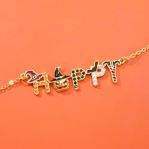 Gold Halloween Charm Necklace 14K Gold Plated Cute Enamel Bat Witch Hat Pumpkin Pendant Necklace HAPPY HALLOWEEN Letter Necklace Adjustable Fun Halloween Costume Party Jewelry Gift for Women Men3