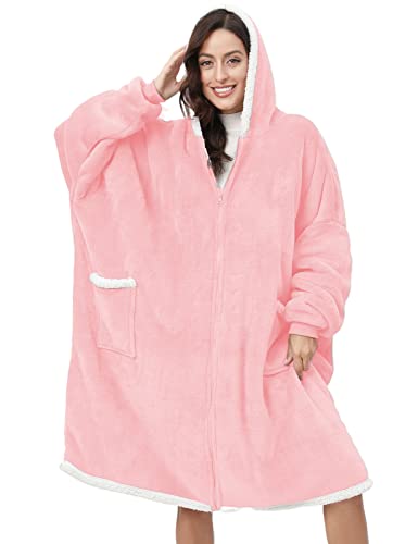 TOMEEK Sweat à Capuche Femme Oversize Sherpa Sweat Femmes Zip Up à Capuche Portable Couverture à Capuche Surdimensionné Doux Chaud avec Doubles Poches Taille Unique, Rose Cover