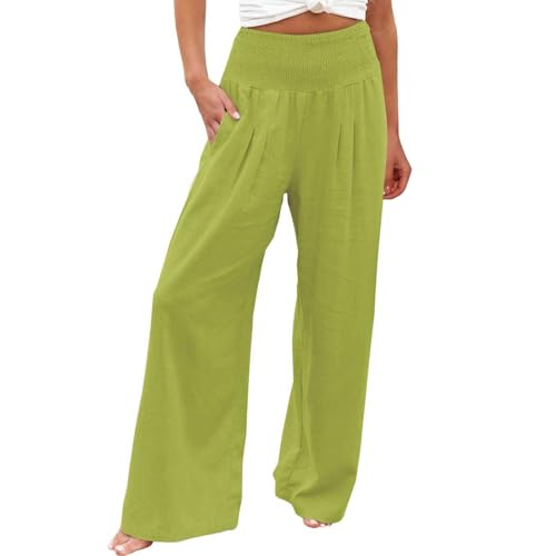 Wide Leg Linen Cotton Pants for Women Summer Boho Beach Fashion Flowy Casual Plus Size High Waisted Palazzo Lounge Trousers with Pocket Lightweight Travel Vacation Essentials Green X-Large