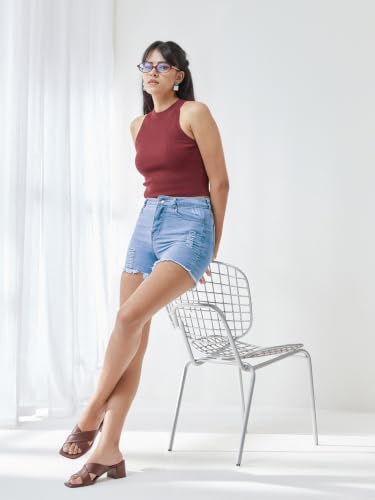 Image of Miss Chase Women's Relaxed Mid Rise Regular Non Stretchable Denim Shorts