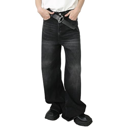 Mens Straight Leg Long Jeans Mid Waist Slim Fit Washed Denim Pants Vintage Baggy Jean Trousers (Small,Blacke1)