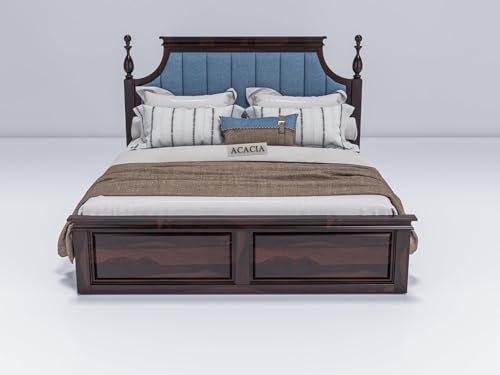 Image of Craft Wooden King Size Bed with Storage | Double Bed Cot Bed with Box Storage & Blue Colour Upholstered Cushioned Headboard for Bedroom, Sheesham Wood, Walnut Finish