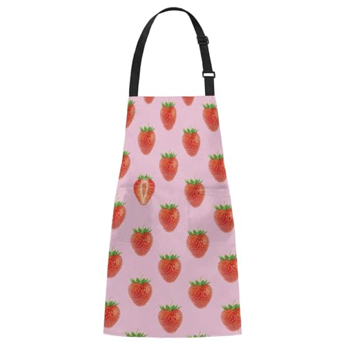 Aglebo Delicious Strawberries Chef Apron with Pockets Adjustable Shoulder Strap Waterproof Cooking Apron for Kitchen Baking Gardening Pottery Painting