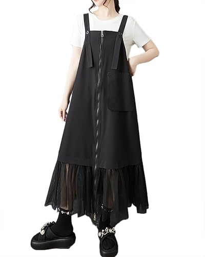 ellazhu Women's Pants Overalls Solid Zip UP Two Side Pockets Tulle Hem Fashion Casual Plus Size Maxi GZ552