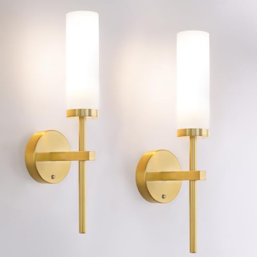 Image of Shenmoyl Battery Operated Wall Sconces Set of 2, Gold Rechargeable Wall Lighting Fixtures, Dimmable Wall Lights with Remote & Opal Glass Shade for Living Room, Bathroom,Bedroom