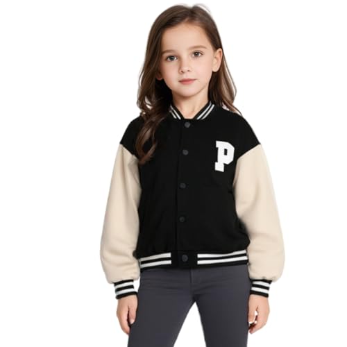 Kid Girls' Varsity School Baseball Outerwear Jacket, Girls Bomber Jacket Casual Coat with Pockets