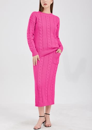 Image of chouyatou Women Winter Casual Chunky Cable Knit Long Pencil Skirt 2 Piece Outfit Oversized Pullover Sweater Sets