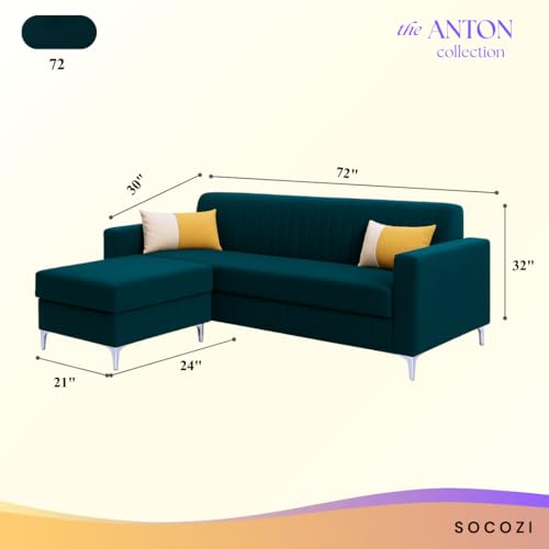 Image of SOCOZI Anton 4 Seater L Shape Sofa Set with Movable Ottoman | Flexible Left or Right Layout | Soft Velvet Suede Fabric | Modern Design | Plush Comfort Cushions for Living Room (Greenish Teal)