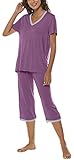 MoFiz Damen Kurz Schlafanzug Pyjama Set Kurzarm Nachtwäsche lässig Shirt & Caprihose Sleepwear mit V-Ausschnitt Sommer Lila 01 Größe S