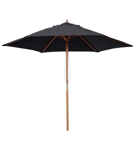 Outsunny 2.5m Wood Garden Parasol Sun Shade Patio Outdoor Wooden Umbrella Canopy, Table Market Umbrella with Vent, 38mm Pole, Rope Pulley Mechanism, Black