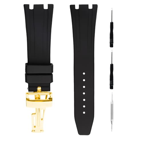 unilabo ゴム製時計バンド 28mm オーデマ ピゲ ロイヤルオーク オフショア AP 15703 15710 15400 26470 26400に対応 折りたたみ式バックル付きシリコンストラップ 男女兼用 手首ウォッチバンドの交換用, ゴールデンバ