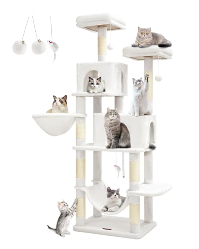 Image of Taoqimiao Cat Tree, 67-Inch Cat Tower for Indoor Cats, Plush Multi-Level Cat Condo with 12 Scratching Posts, 2 Perches, 2 Caves, Hammock, 2 Pompoms, Cream White MS013C
