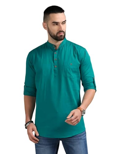 Image of DEEMOON Men's Cotton Blend Full Sleeve Short Kurta with Mandarin Collar Crafted from a Premium Cotton Blend