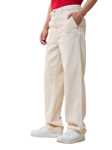 Image of Bewakoof Men Mid Rise Solid Regular Fit Cotton Baggy Jeans 624678|Baggy Fit Jeans - Loose Fit Denim | Wide Leg | Casual Wear