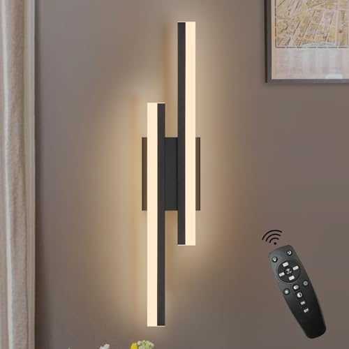 Image of LED Wall Sconce Black Modern Remote Wall Light Fixtures for Living Room, Dimmable LED Vanity Light Indoor Remote Wall Sconce for Bedside Bedroom Bathroom Dining Room, L23.6inch 1 Pack