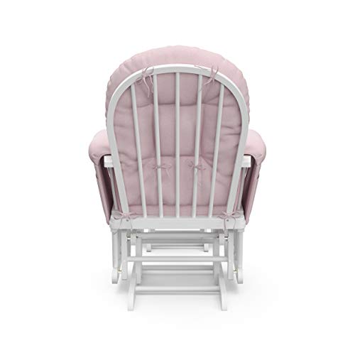 Storkcraft Premium Hoop Glider and Ottoman (White Base, Pink Swirl Cushion) – Padded Cushions with Storage Pocket, Smooth Rocking Motion, Easy to Assemble, Solid Hardwood Base