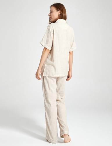 Image of Womens Muslin Pajama Set 100% Cotton Double Gauze Linen Like Breathable Soft Button Up Loungewear Sleepwear PJ Set