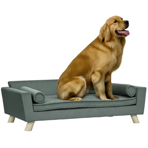 PawHut 39" Dog Couch with Removable Pillows, Foam Pet Sofa, Cat Sofa with Removable Washable Cushion & Water-Resistant Fabric, Dog Sofa for Medium and Large Dogs, Gray