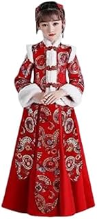 Girls' Winter Chinese Style Hanfu Dress, Red Embroidered Thickened New Year's Clothing with Fur Trim
