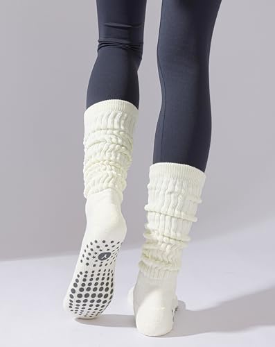 Image of Yawlsow Pilates Socks with Grips for Women Yoga Ruffle Grippy Non Slip Long Slouchy Scrunch Socks for Barre Workout Hospital
