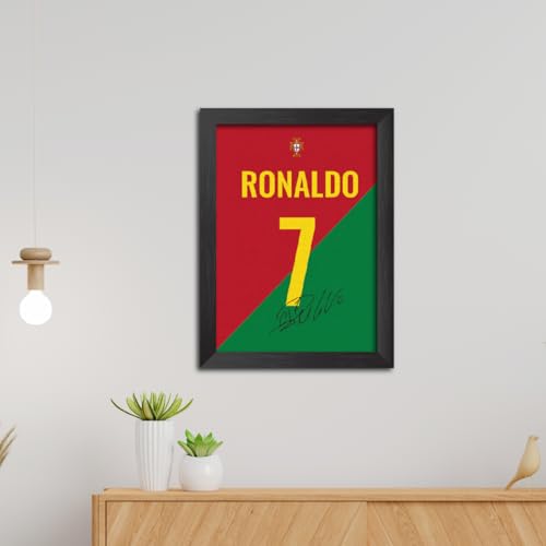 Image of TenorArts Cristiano Ronaldo Poster Frame Portugal Jersey Laminated Photo Print Signature Framed Painting with Matt Finish Black Texture (12 inches x 9inches)