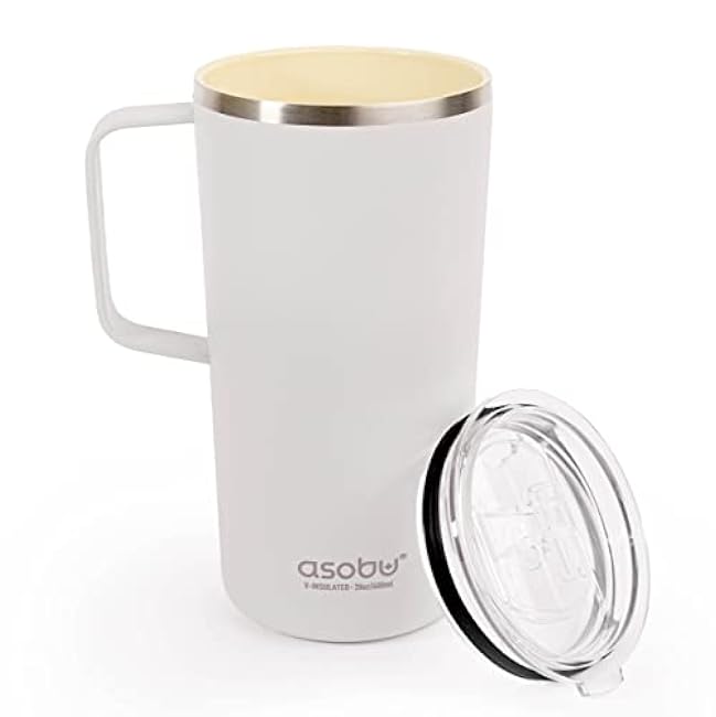 asobu Tower Mug 20 Ounce Insulated Stainless Steel Cup for Coffee | Ceramic Inner Coated | Easy Hold Handle | Tritan Lid | Fits Standard Cup Holders | Travel Mug