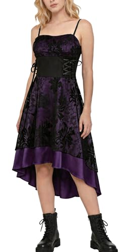 Women Steampunk Gothic Dresses High Low Floral Lace Dress Cold Shoulder Lace Up Sundress Elegant Lolita Medieval Vintage Cosplay Party Costumes A-Purple