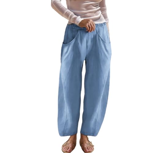 Women's Cotton Linen Harem Pants Work Casual Elastic Waist Pants with Pockets Lightweight Summer Beach Palazzo