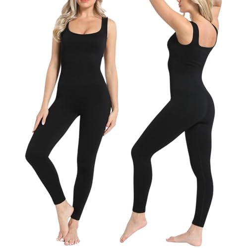 Soo slick Jumpsuits for Women - Tummy Control Square Neck Ribbed Sleeveless | Shapewear Rompers One Piece Workout Clothes (Small)