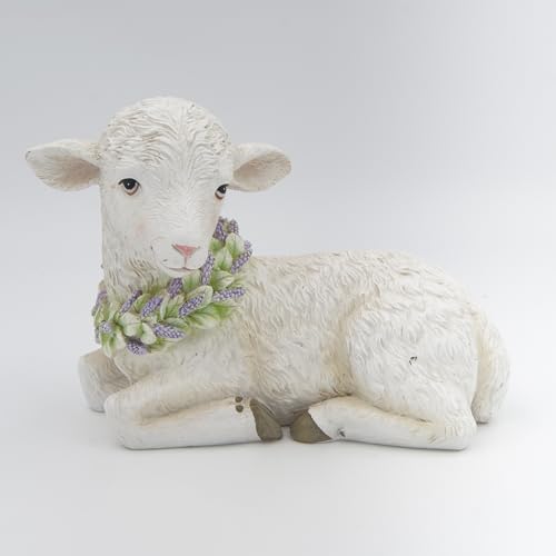 Roman, 6” H Lamb with Flower Wreath Figurine, Spring Easter Lamb Statue with Lavender Floral Collar, Farmhouse Seasonal Décor