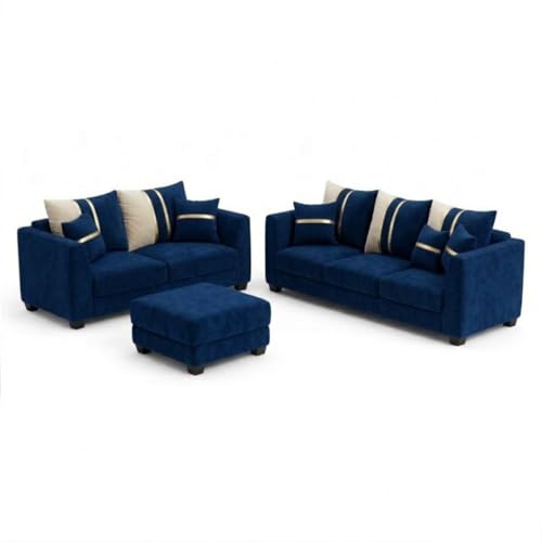 Image of Vero Plush Comfort Sofa Set | 3 Seater + 2 Seater with Ottoman | Luxury Velvet Suede Fabric | Modern Living Room Sofa | Dark Blue