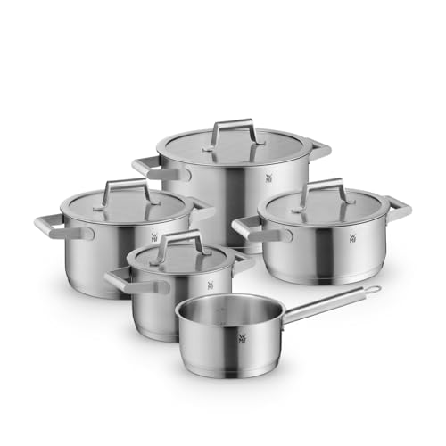 WMF Comfort Line Topfset Induktion 5-teilig, Kochtopf Set mit Glasdeckel, Cromargan Edelstahl mattiert, Skalierung, Induktions Töpfe Set stapelbar, unbeschichtet