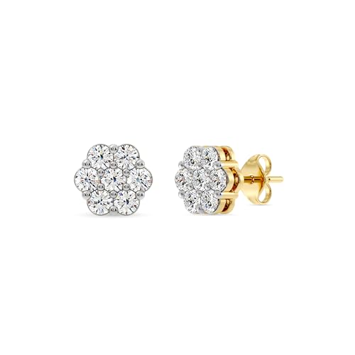 Gilded 1 Carat Total Weight Lab-Grown Diamond 14KT Yellow Gold Plated Silver Stud Earrings for Women | 7-Stone Flower Shaped | Hypoallergenic Fine Jewelry | Prong Setting Push Back Nut | SI1 Clarity F Color