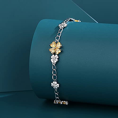 Image of JIANGXIN Lucky Four leaf clover 925 Sterling Silver Birthstone Chain Link Bracelet for Women Gemstone Jewelry Shamrock Birthday Gift 16+4cm