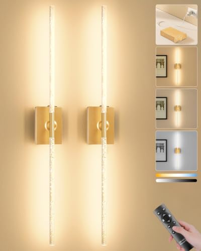 Image of Battery Operated Wall Sconces Set of 2, Remote, 10000mAh, Gold, Bubble