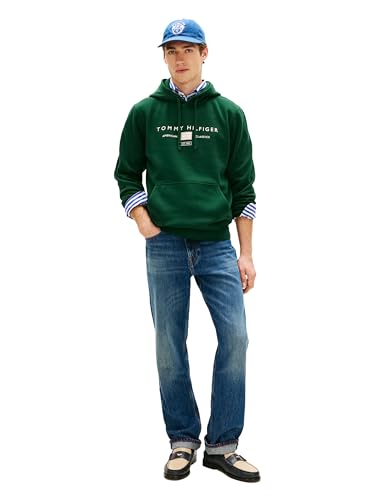 Image of Tommy Hilfiger Men's Medium Weight Cotton Hoodie Sweatshirt With Printed Stacked Chest Graphic