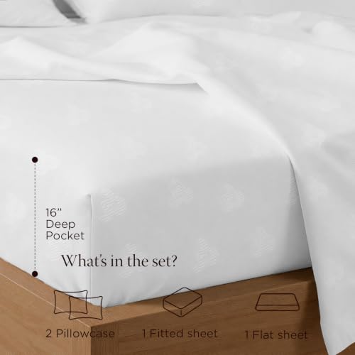 Image of Threadmill 300 Thread Count Cotton Full Sheet Set, Sateen, Jacquard, White | 100% Cotton, Sateen Weave, Jacquard Pattern, 4-Piece Set, 16 inch Deep Pocket, Cooling, Fade-Resistant, OEKO-TEX Certified