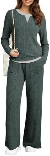 Dokotoo Women's 2 Piece Sets Outfits Casual Long Sleeve Color Block Sweatshirts Wide Leg Pants Tracksuit Sets With Pocket
