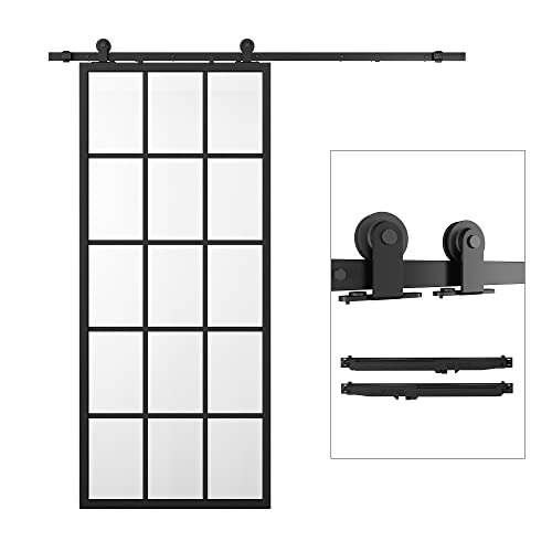 Barnsmith 36In X 84In Frosted Glass Barn Door With 6.6Ft Top Mounted Hardware Kit Soft Close Mechanism Diy 15 Lites Tempered Modern Aluminum Sliding Glass Door Slab Disassembled Easy Installation #TOP8
