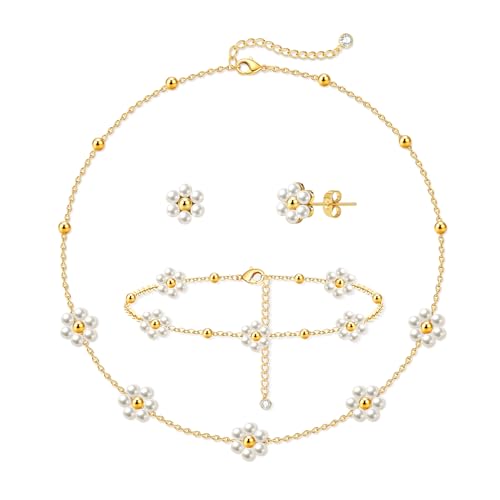 Image of Zeffy Gold Pearl Necklace for Women, Dainty 14K Gold /Silve Plated Layered Pearl Choker Pearl Earrings Pearl Bracelets Wedding Trendy Gold Jewelry Set for Women Gifts