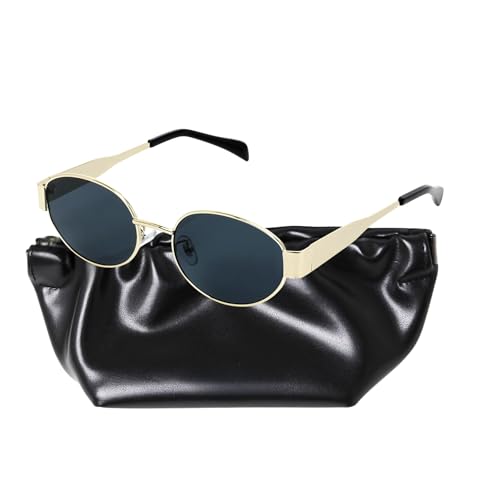 Korean Trendy Alternative Fit Retro Oval Women Sunglasses Minimalist Style Low Bridge UV400 Protection, Gold/Grey Lens (Premium Vegan Leather Case Included)