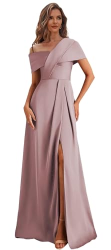 One Shoulder Mother of The Bride Dresses with Slit Satin Long Formal Gown for Women Short Sleeve Evening Dress
