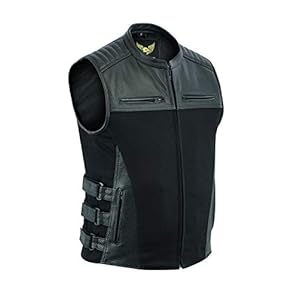 Leatherick Heren SWAT tactische stijl denim en topnerf buffelleer biker gilet met pistoolzakken en geperforeerde zakpanelen