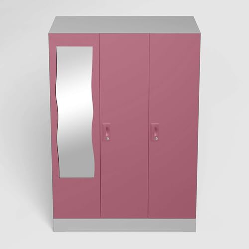 Image of Interio by Godrej Almirah Slimline 3-Door Steel Almirah, Cupboard for Clothes (Royal Ivory and Dusty Rose), 1-Year Warranty, 7 Shelves, 1 Locker, Curvilinear Mirror